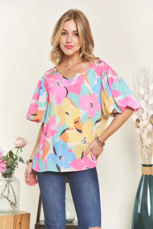 Wholesale AT17044P - PUFF SLEEVE FLORAL BLOUSE - Adora