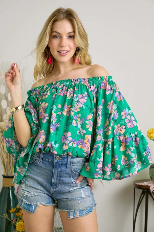 Wholesale AT17017A - OFF SHOULDER BELL SLEEVE FLORAL TOP - Adora