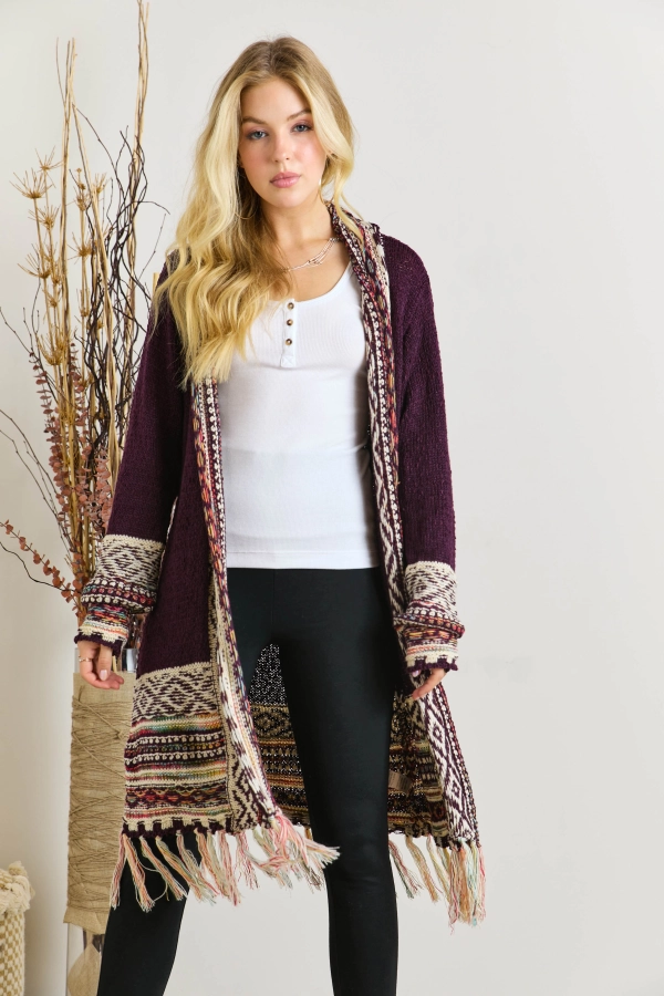 Wholesale CESW2468 - FRINGE HEM TRIBAL CARDIGAN - Adora