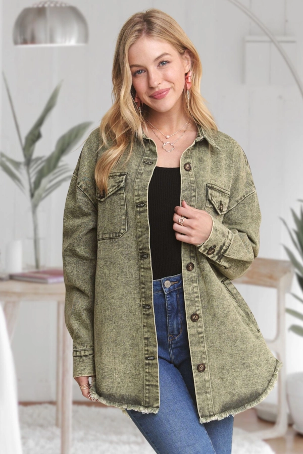 wholesale CEJ3686WN - FRAYED BUTTON DOWN SHACKET Adora