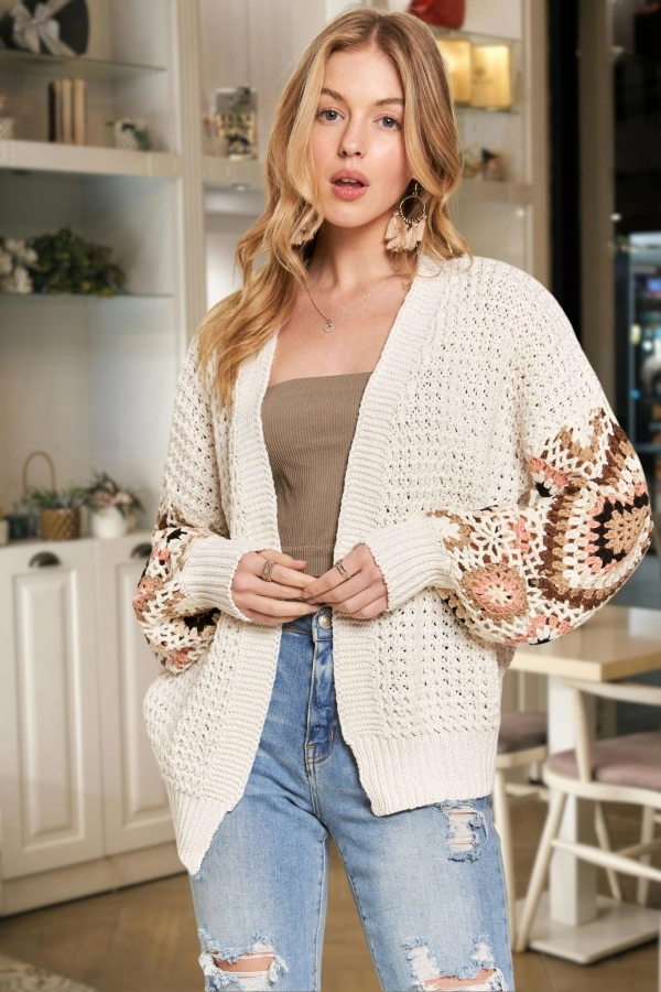 wholesale CESW3577 - MULTI COLOR SLEEVE CROCHET CARDIGAN Adora