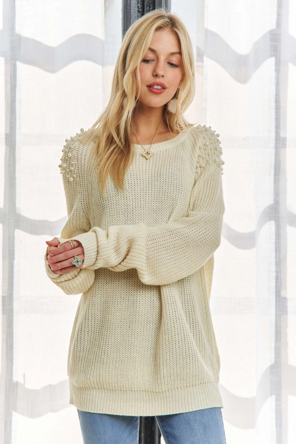 wholesale CESW3398-SOLID PEARL SHOULDER SWEATER ROUND NECK Adora