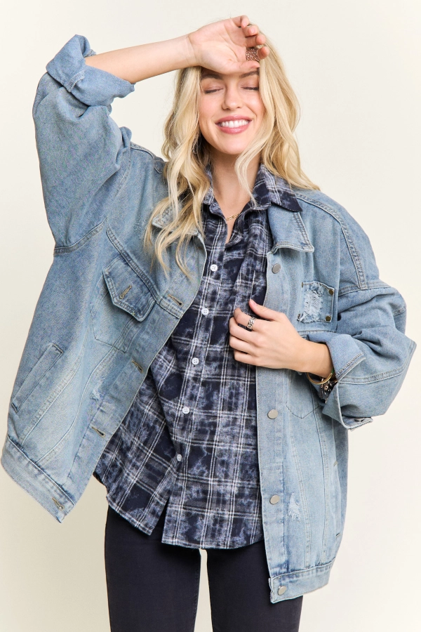 wholesale CEJ4147-OVERSIZE DISTRESS DENIM BUTTONDOWN JACKET Adora