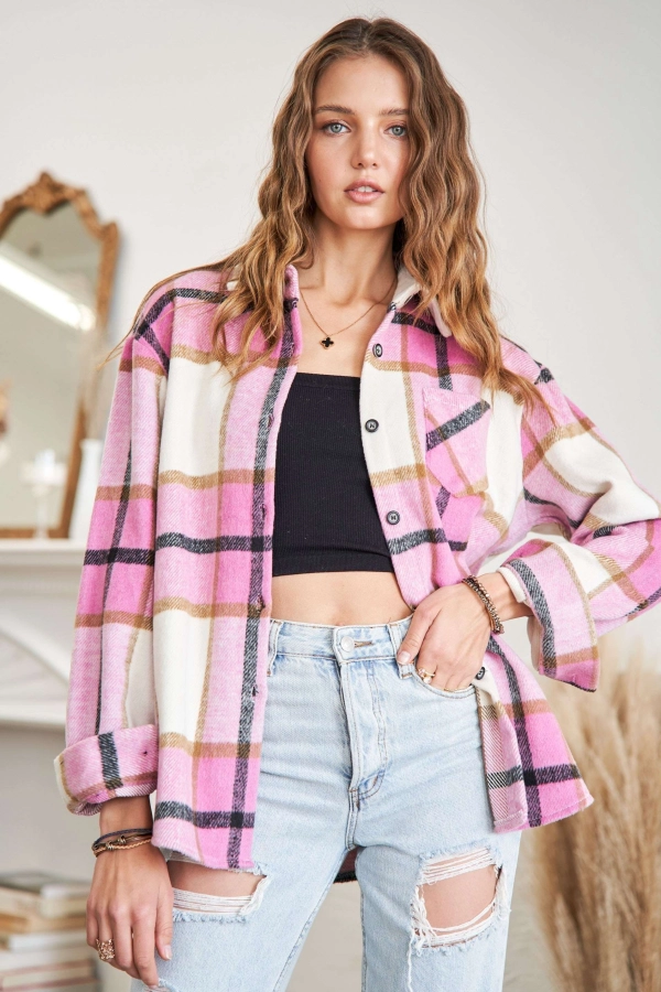wholesale CEJ2586 - LONG SLEEVES PLAID FLANNEL SHACKET Adora