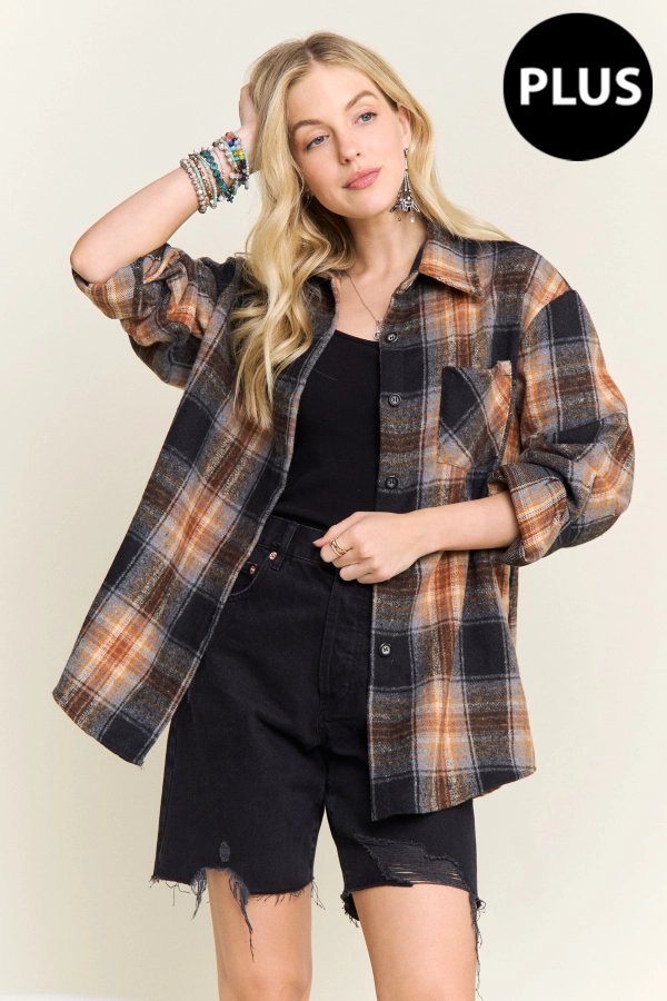 wholesale CEJ2586GX-PLUS PLAID BUTTON DOWN SHACKET Adora