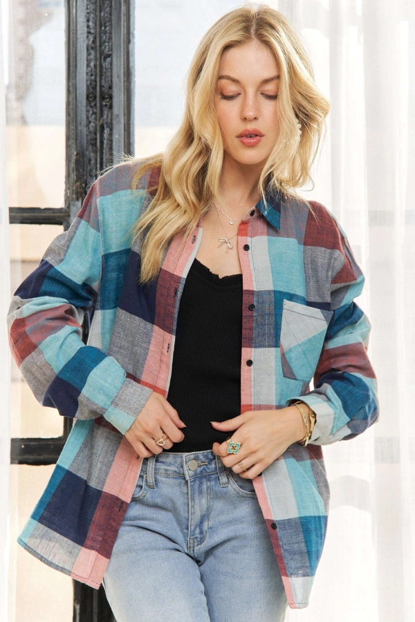 wholesale CET2606-LONG ROLL UP SLEEVES PLAID SHIRT Adora
