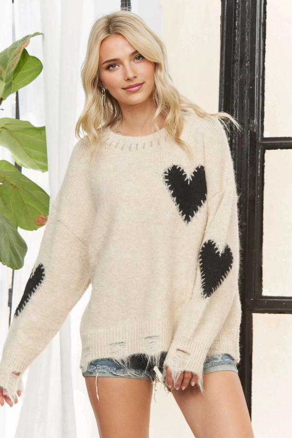 wholesale CESW3934- LONG SLEEVE HEART PATCH KNIT SWEATER Adora