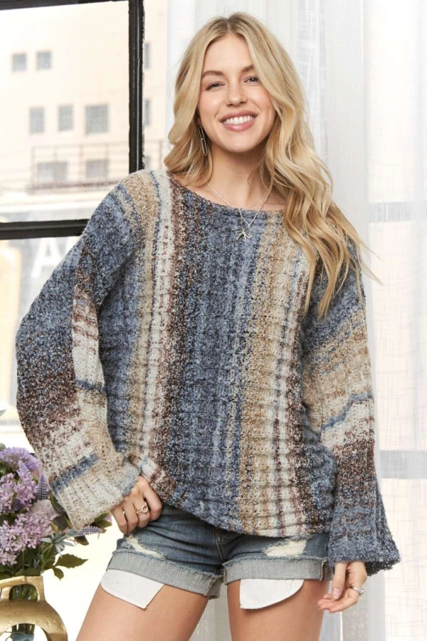 wholesale CESW3190 - BOAT NECK MULTI STRIPE SWEATER TOP Adora