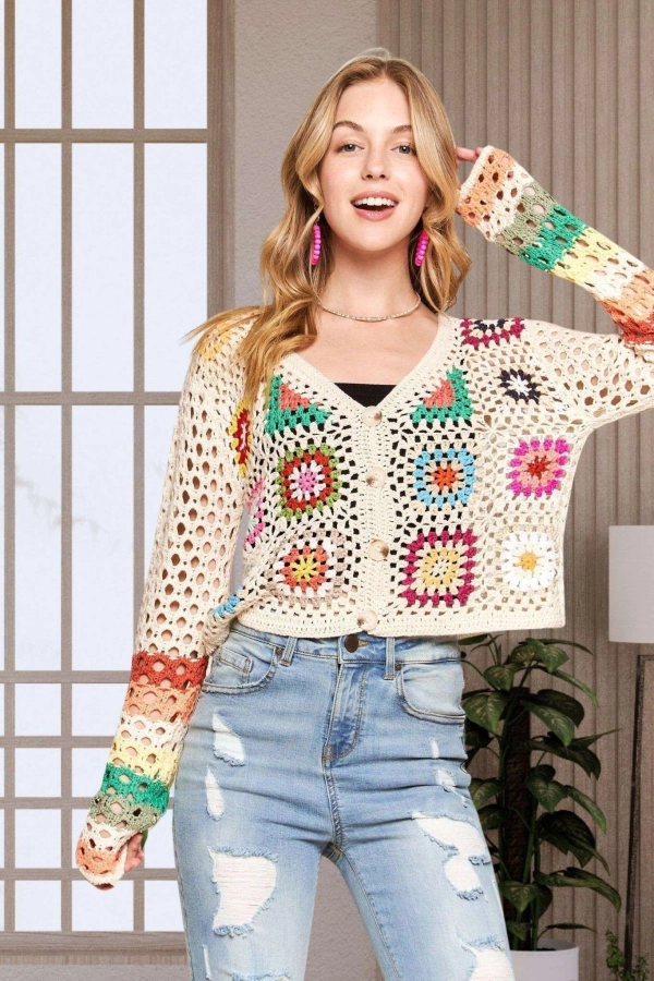 wholesale CESW3408 - MULTI COLOR CROCHET KNIT CARDIGAN Adora