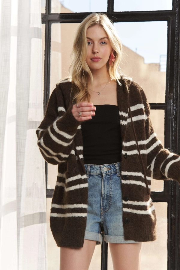 wholesale CESW3844-HORIZONTAL STRIPES HOODIE CARDIGAN Adora