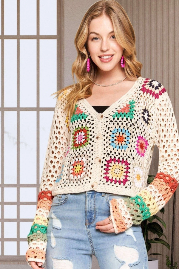 wholesale CESW3408 - MULTI COLOR CROCHET KNIT CARDIGAN Adora