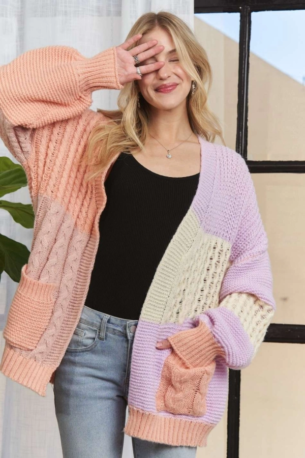 wholesale CESW3597-LONG PUFF SLEEVES COLORBLOCK CARDIGAN Adora