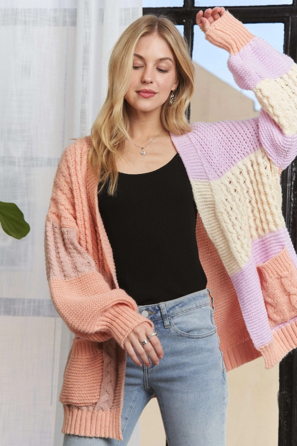 wholesale CESW3597-LONG PUFF SLEEVES COLORBLOCK CARDIGAN Adora