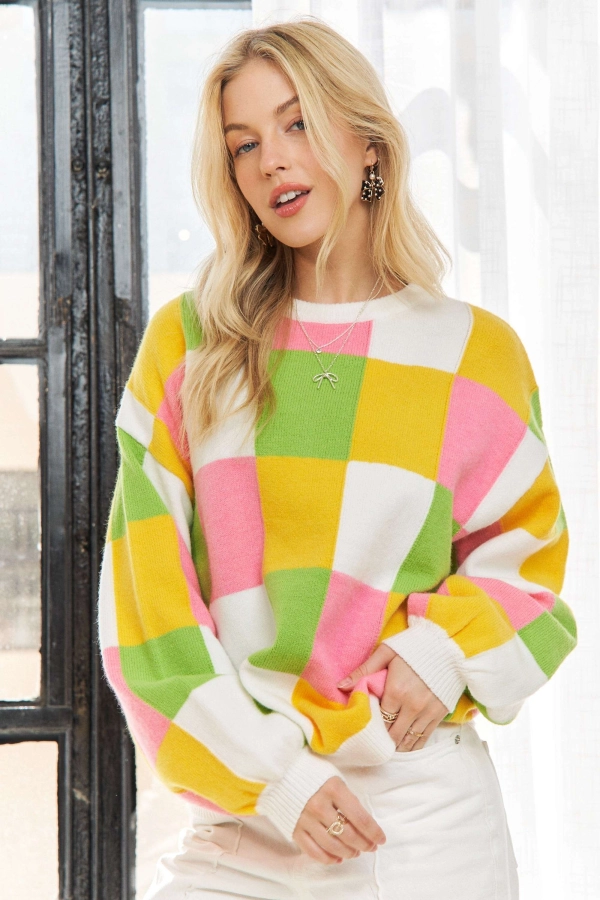wholesale CESW3796-MULTICOLOR CHECKER COLORBLOCK SWEATER Adora
