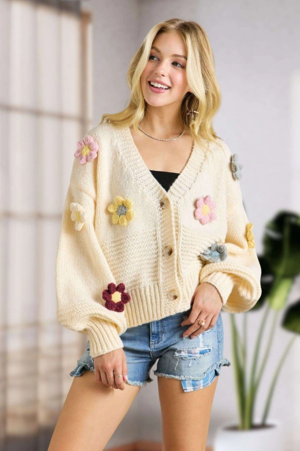 wholesale CESW2654 - FLORAL PATCHED SWEATER CARDIGAN Adora