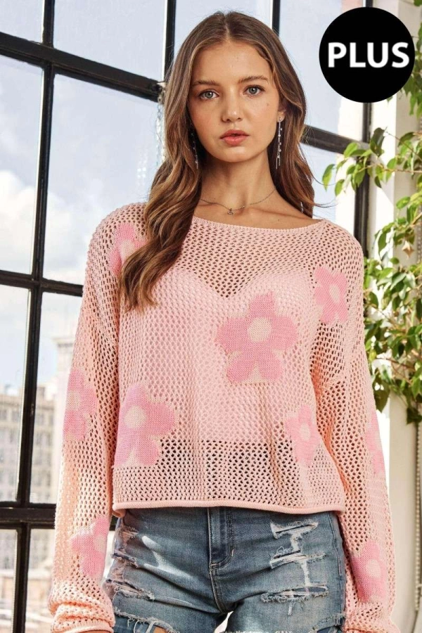 wholesale CESW3462X -PLUS LIGHTWEIGHT FLORAL SWEATER TOP Adora