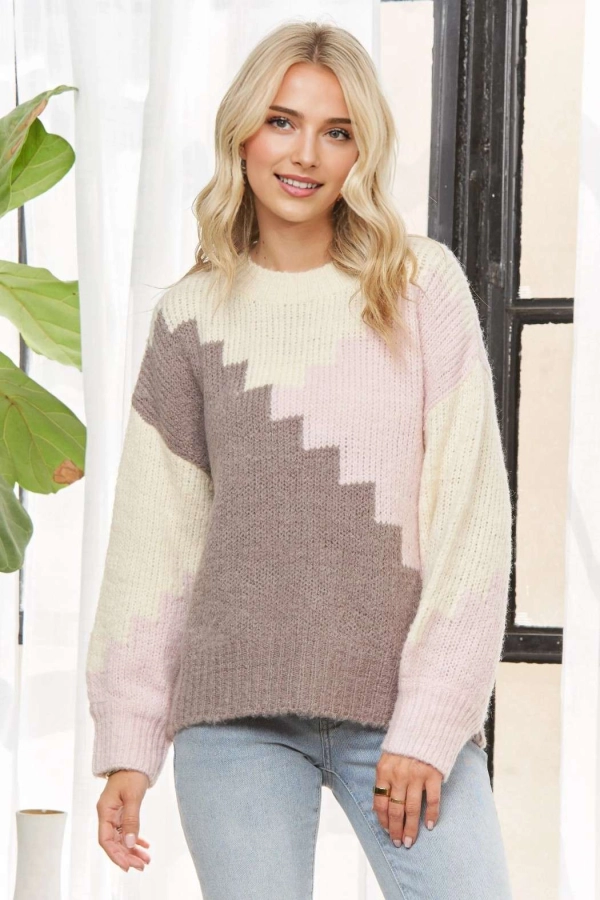 wholesale CESW3969-COLORBLOCK ZIGZAG KNIT SWEATER Adora