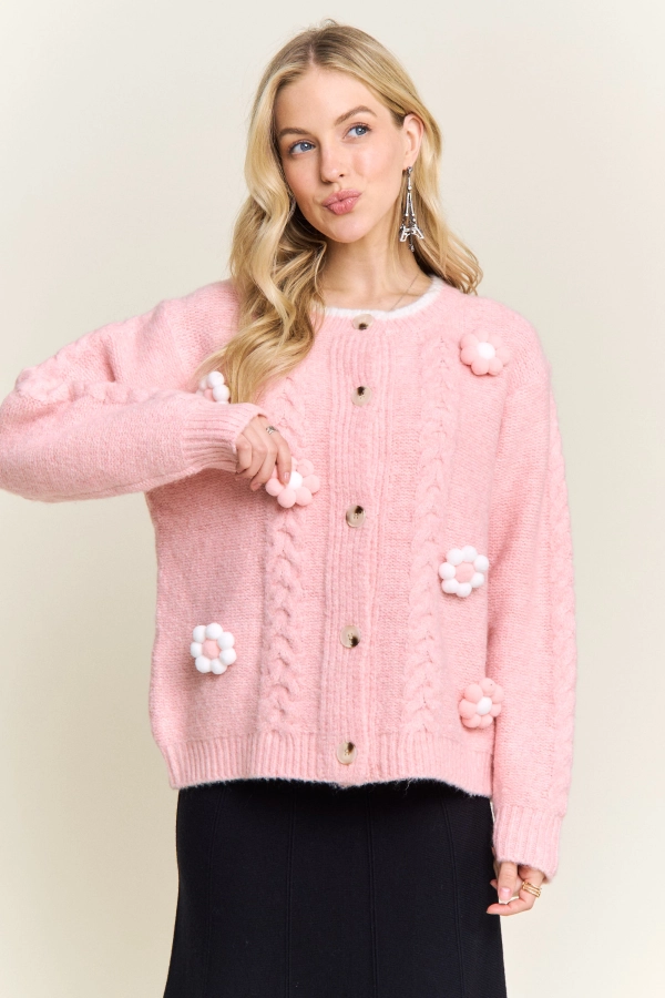 wholesale CESW4223-KNIT SWEATER 3D FLOWER POMPOM CARDIGAN Adora