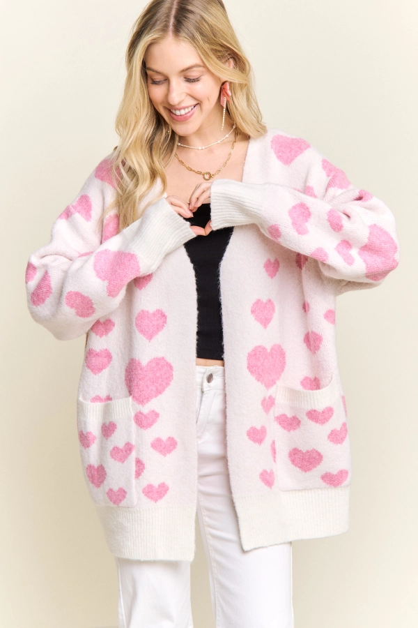 wholesale CESW3938-OPEN FRONT KNIT CARDIGAN HEART PRINT Adora