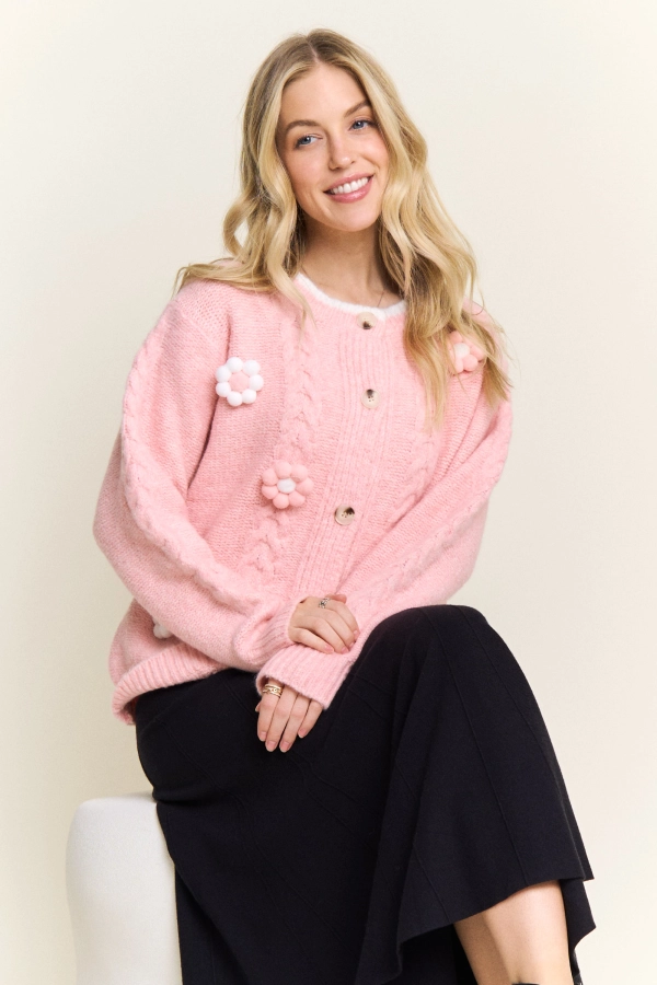wholesale CESW4223-KNIT SWEATER 3D FLOWER POMPOM CARDIGAN Adora
