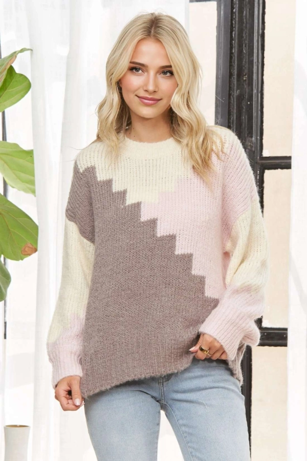 wholesale CESW3969-COLORBLOCK ZIGZAG KNIT SWEATER Adora