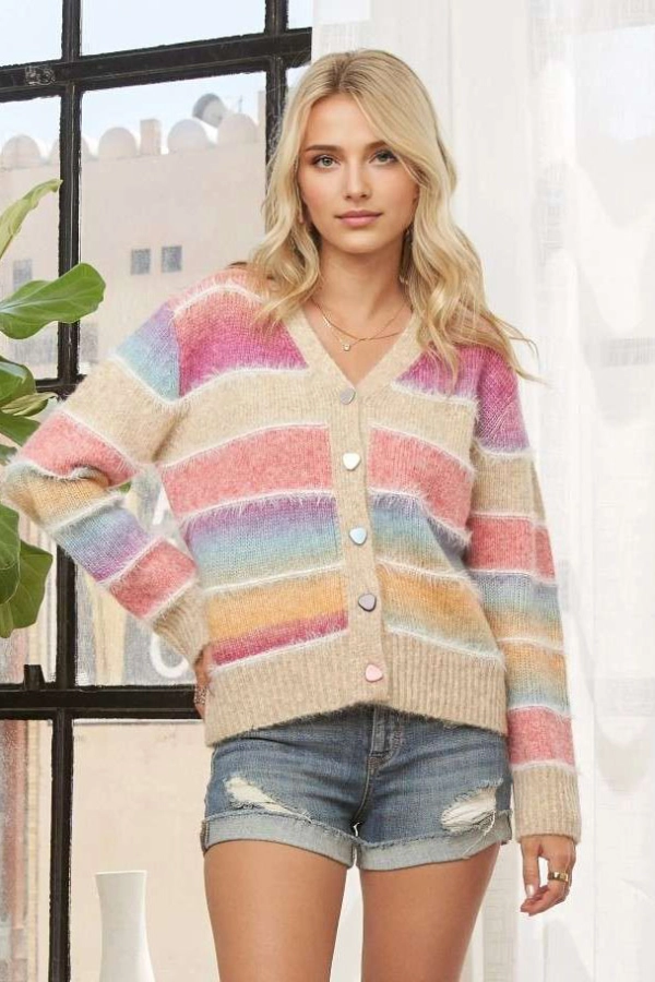 wholesale CESW4026-COLOR BLOCK STRIPE BUTTOM DOWN CARDIGAN Adora