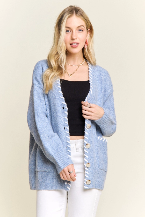 wholesale CESW4020-OVERSIZED CARDIGAN WHITE CONTRAST STITCH Adora