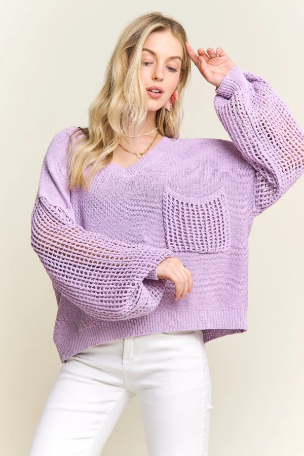 wholesale CESW4240-V-NECK LOOSE KNIT SWEATER MESH SLEEVES Adora