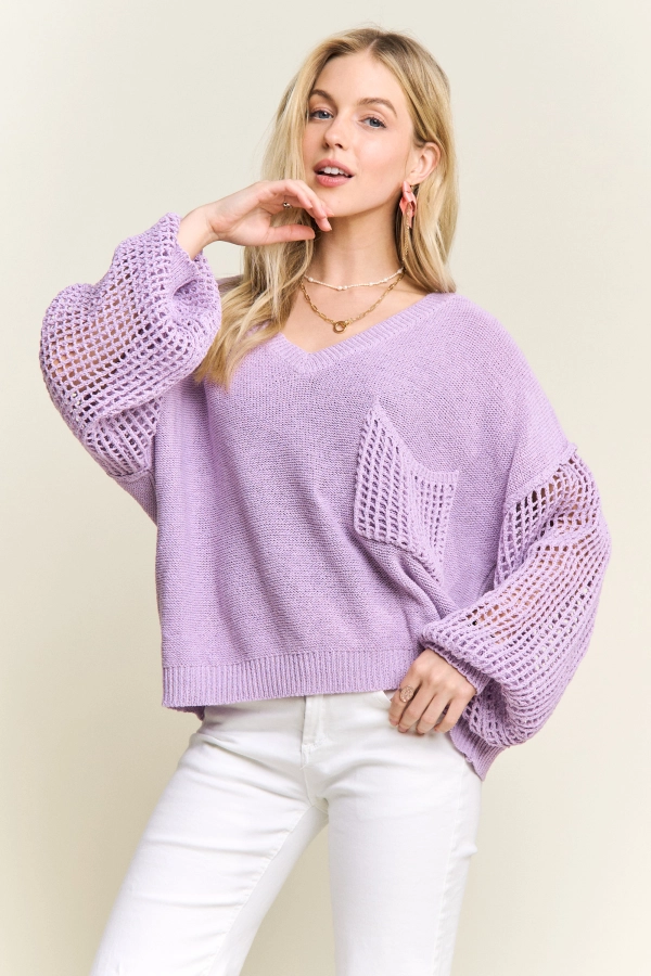 wholesale CESW4240-V-NECK LOOSE KNIT SWEATER MESH SLEEVES Adora